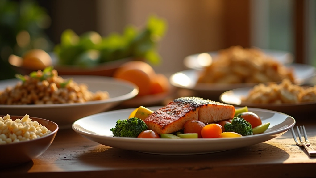 Family of four enjoying dinner together at wooden table with roasted chicken, vegetables, and bread